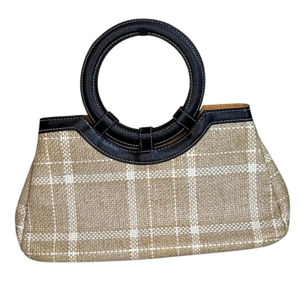 Victoria's Secret Woven Circle Handle Bag Tan Plaid Black Straw Beach